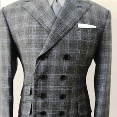 Super 150 Cerruti Grey Plaid 8 Button Military Wool Suit Wide Peak Lapel, Ticket Pocket, 10 Inch Double Vent, Flat Front Pant With Side Buckle. Elegant Fitted Button-up Suits, Tailored Button-up Elegant Suit, Elegant Tailored Button-up Suit, Elegant Business Suits With Button-up Style, Timeless Double Breasted Suit For Semi-formal Occasions, Elegant Button-up Business Suits, Elegant Single Breasted Button-up Suits, Timeless Office Suit With Button Closure, Designer Double Breasted Suit With Double Button Closure