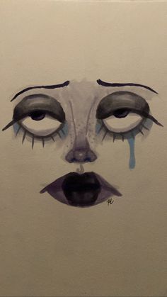 a drawing of a woman's face with tears on her eyes and nose, painted in black and white