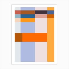 an orange and blue abstract art piece with squares in the middle, on a white background