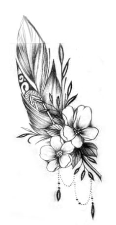 a black and white drawing of a feather with flowers on the bottom half of it