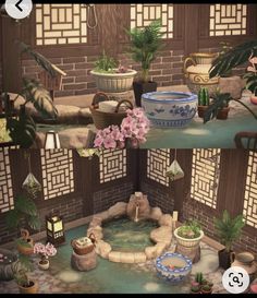 an animated image of a garden with flowers and potted plants on display in two separate screens