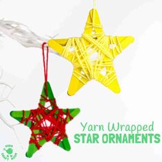 yarn wrapped star ornaments hanging from branches