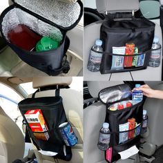 collage of photos showing the contents of a car back seat bag