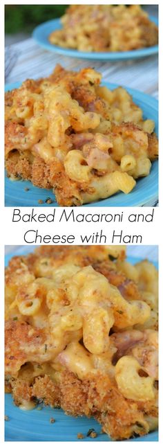 baked macaroni and cheese with ham on a blue plate, before and after