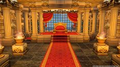 a room with red carpet and gold decorations