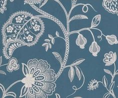 a blue and white floral wallpaper with leaves, flowers, and vines on it