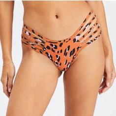 Fabletics Strappy Cheeky Bikini Bottom Orange Black Animal Print Size Xxl. New With Tag! Orange Stretch Swimwear For Workout, Orange Stretch Workout Swimwear, Fitted Orange Tropical Print Swimwear, Black Tiger Print Swimwear For Beach, Orange Fitted V-neck Swimwear, Cheetah Print Bikinis, Summer Leopard Print Swimwear With Built-in Bra, Black Animals, Cheeky Bikinis