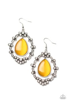 A teardrop yellow cat's eye stone swings from the top of an ornately white rhinestone encrusted frame, creating an icy lure. Earring attaches to a standard fishhook fitting. Sold as one pair of earrings. Mobile Boutique, Yellow Jewelry, Cats Eye Stone, Yellow Cat, Yellow Earrings, Yellow Stone, Moonstone Earrings, Fish Hook Earrings, Jewelry Images