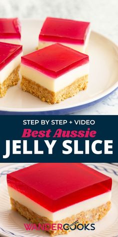 four pieces of jelly slice on a plate with the text, step by step video best aussie jelly slice