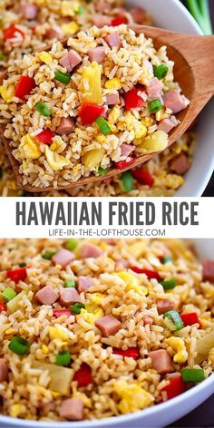 hawaiian fried rice with ham and pineapples in a white bowl