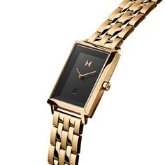 women's vintage-inspired square watch with a modern edge. the mason watch for women features a polished gold and black colorway with a 5-link band. Mvmt Watches Women, Seasonal Cocktails, Masonic Watches, Watches Women Black, Mvmt Watches, Classic Jewelry Pieces, Trendy Watches, Pink Watch, Watches Women