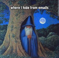 an image of a wizard hiding in a tree with the caption where i hide from emails