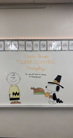 a white board with writing on it that says charlie brown thanksgiving turkey day