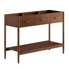 a wooden console table with two drawers on one side and an open shelf below it