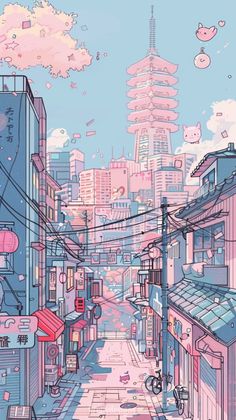 an illustration of a city street with buildings and pink clouds in the sky above it