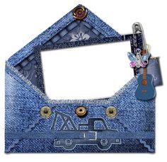 an altered photo frame with a car and flowers on the bottom is made out of blue jeans