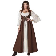 Get ready for the renaissance faire by creating your own costume! This cute overdress is perfect for layering. You can be a peasant girl, serving wench, or forest nymph when you pair this overdress with a chemise and the right accessories. Size: large/x-large. Color: brown. Gender: 3550Women. Age Group: adult. Bohemian Medieval Dress For Larp And Festivals, Bohemian Medieval Dress For Costume Festivals, Brown Cosplay Dress, Medieval Prairie Dress For Costume Events, Medieval Style Prairie Dress For Costume Events, Medieval Style Prairie Dress For Medieval Festivals, Fitted Peasant Medieval Costume Dress, Fitted Peasant Style Medieval Costume Dress, Long Sleeve Brown Costume Dress