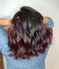 Black And Burgundy Hair Short, Black And Red Balayage Short Hair, Burgundy Balayage Short Hair, Red Highlights On Dark Hair Short, Red Lob Haircut, Short Hair Red Highlights, Short Wine Red Hair, Winter Berry Hair, Dark Red Balayage Hair Brunettes