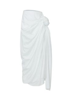 Materials: 100% cotton    colors: white    description: 100% cotton fabric draped midi skirt featuring a knot detail on one side    details    - draped midi skirt  - knot detail  - 100% cotton fabric White Asymmetrical Ruched Skirt, White Ruched Asymmetrical Skirt, Elegant Cotton Asymmetrical Maxi Skirt, Ruched Cotton Skirt, Chic White Ruched Maxi Skirt, Cotton Ruched Flowy Skirt, White Flowy Midi Draped Skirt, White Ruched Long Skirt, White Long Ruched Skirt