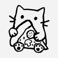 a black and white drawing of a cat holding a slice of pizza