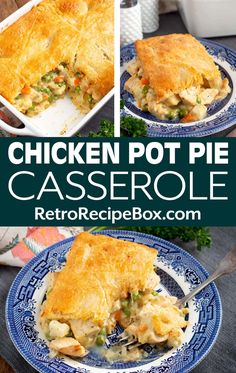 chicken pot pie casserole in a blue and white plate