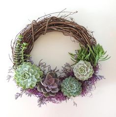 a wreath with succulents and other plants