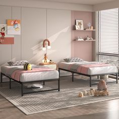 two twin beds in a bedroom with pink walls and white carpeted flooring, along with shelves on either side of the bed