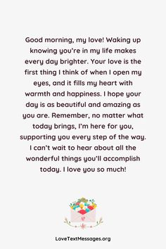 a birthday card with the words, good morning, my love waking up