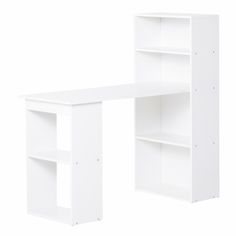 a white bookcase and desk against a white background