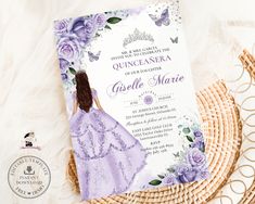 a purple and white wedding card with a princess in the center on top of a wicker basket