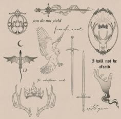 an old - fashioned tattoo design with different designs and words on it, including two swords