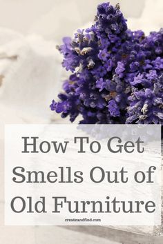 lavender flowers in a vase with text overlay how to get smells out of old furniture