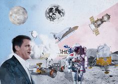 two men in suits standing on the moon next to an image of astronauts and space shuttles