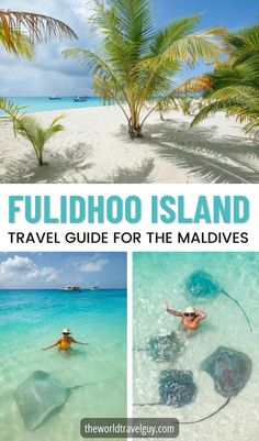 the beach and palm trees with text overlay that reads fuldhoo island travel guide