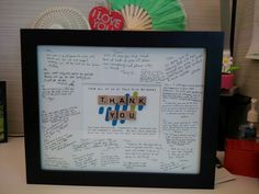 a framed thank you card with the words thank you written on it