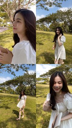 four different pictures of a woman in white dress smiling and holding her hand out to the side