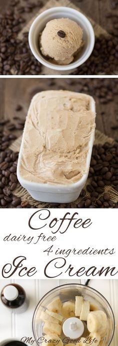 coffee and banana ice cream in a glass bowl on a wooden table with text overlay