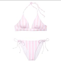 Brand New With Tags Victoeia Secret Brand 2pc Swim.Set Pink /White Colors Striped Pattern Halter Style Top String Bikini Bottoms Size-Medium Victoria’s Secret Swim, White Victoria's Secret Swimwear For Summer, White Victoria's Secret Swimwear For Poolside, Bright Bikinis, Halter Swim Top, Pink Swim, Pink Swimsuit, White Colors, Halter Style