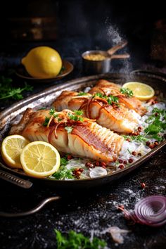 two fish fillets in a pan with lemons and parsley on the side