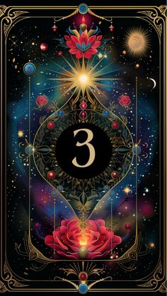 the number three is surrounded by flowers and stars in this art nouveau style card game