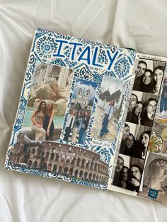 an open book with pictures of people in italy on it and the words italy above them