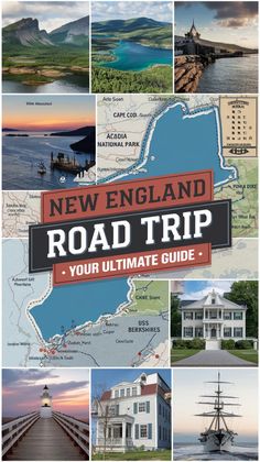 the new england road trip guide is shown in this image, it's surrounded by many