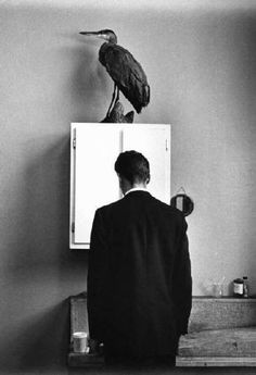 a man standing in front of a mirror with a bird on top of it