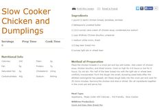 the menu for slow cooker chicken and dumplings is shown in this screenshot