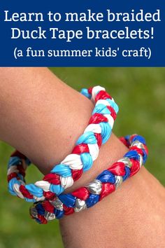 a child's hand holding a red, white and blue bracelet with the words learn to make braided duck tape bracelets