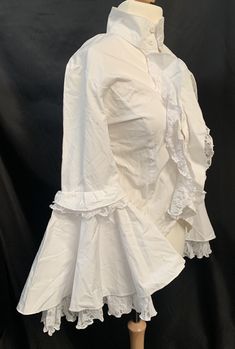 Gothic Ruffled Blouse For Spring, Spring Gothic Blouse With Ruffles, Spring Victorian Fitted Blouse, Fitted Long Sleeve Costume Blouse, Victorian Cotton Fitted Blouse, Fitted Victorian Cotton Blouse, Fitted Long Sleeve Blouse For Costume, Gothic Long Sleeve Cotton Shirt, Victorian Style White Cotton Top