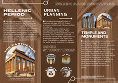 a brochure with an image of the greek architecture and its surrounding features on it