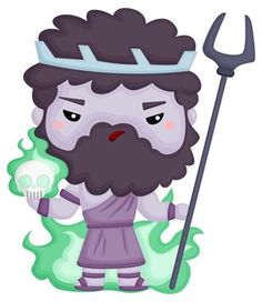 a cartoon character with a beard holding a skull and a sception in his hand