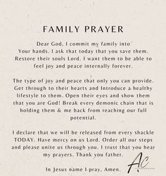 a poem written in black and white with the words family prayer