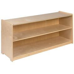 a wooden shelf with three shelves on one side and two open shelves on the other